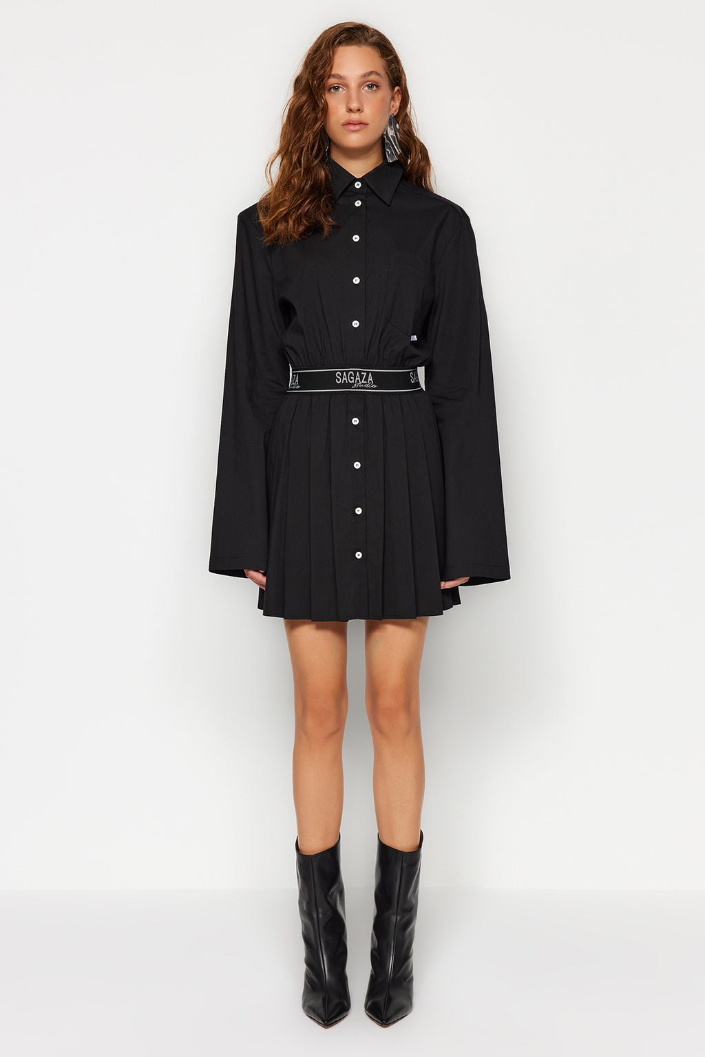 X Sagaza Studio Siyah Belden Açılan/Skater Beli Lastikli Piliseli Poplin Elbise TCLAW24EL00000