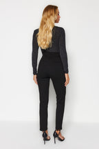 Siyah Toparlayıcı Yüksek Bel Nervürlü Beli Lastikli Slim Fit Kalın Örme Pantolon TWOAW24PL00114