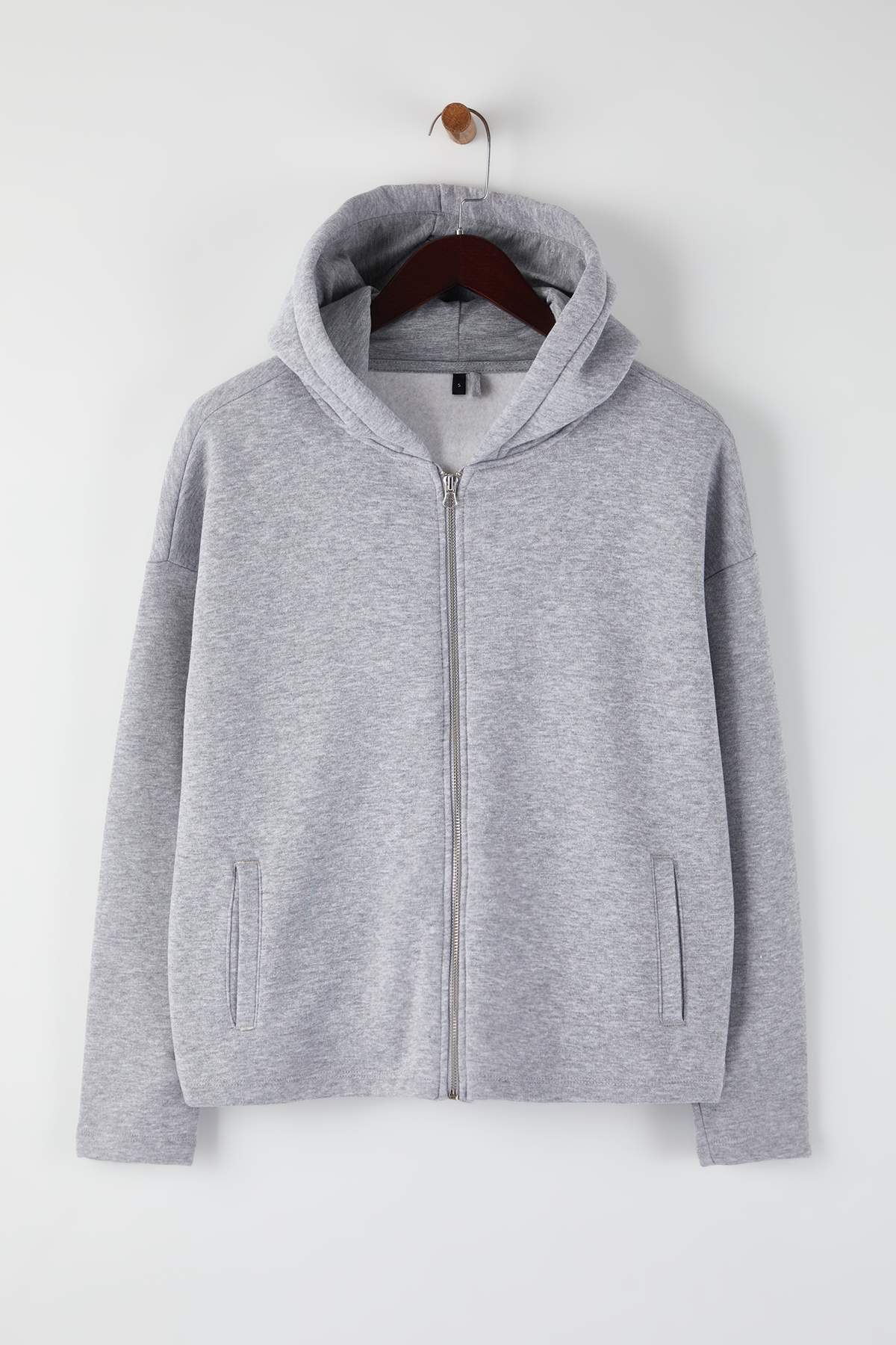 Trendyolmilla Gri Melanj Kalın İçi Polarlı Kapüşonlu Fermuarlı Oversize/Geniş Kesim Örme Sweatshirt TWOAW26SW00111