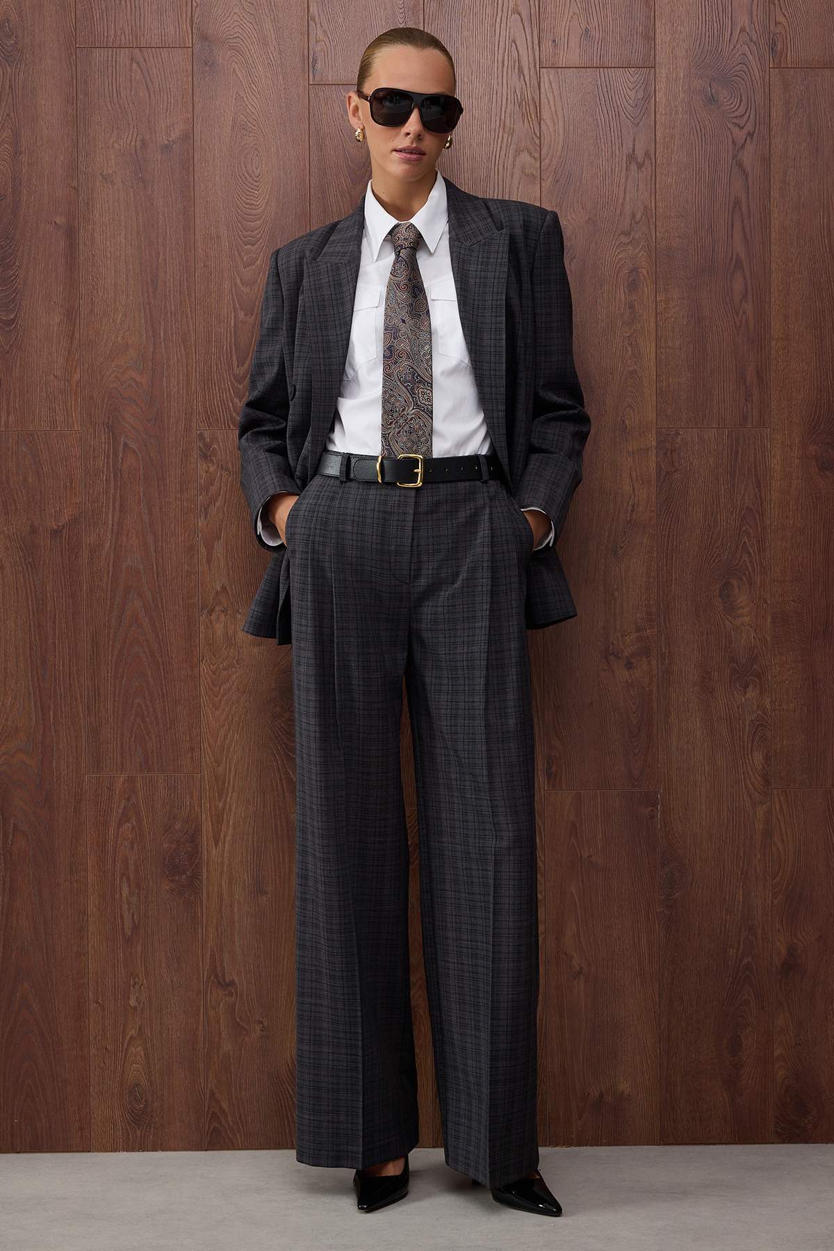 Antrasit Özel Koleksiyon Ekoseli Geniş Paça Dokuma Pantolon TWOAW26PL00062 Secondary image