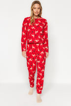 Trendyolmilla Bej %100 Pamuklu Yılbaşı Temalı Örme Pijama Takımı THMAW21PT0771
