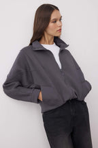 Trendyolmilla Kar Melanj Fermuarlı Dikiş Detaylı Dik Yaka Bomber Örme Sweatshirt TWOAW26SW00037