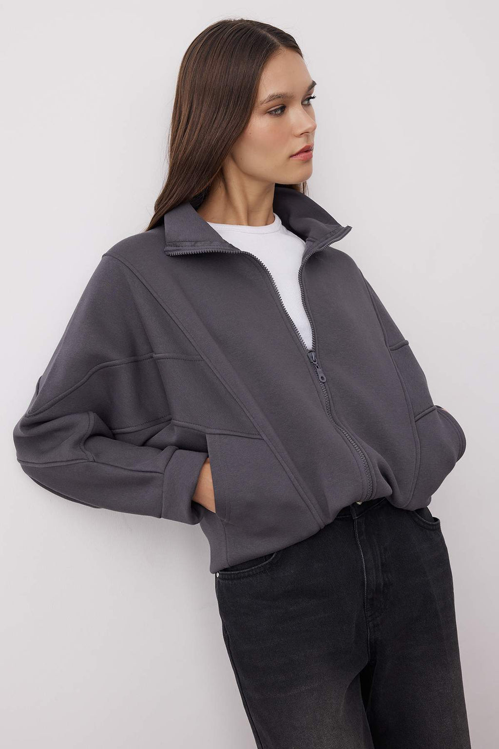Gri Melanj Bordo Renk Bloklu Fermuarlı Dik Yaka Oversize Bomber Örme Sweatshirt TWOAW26SW00037