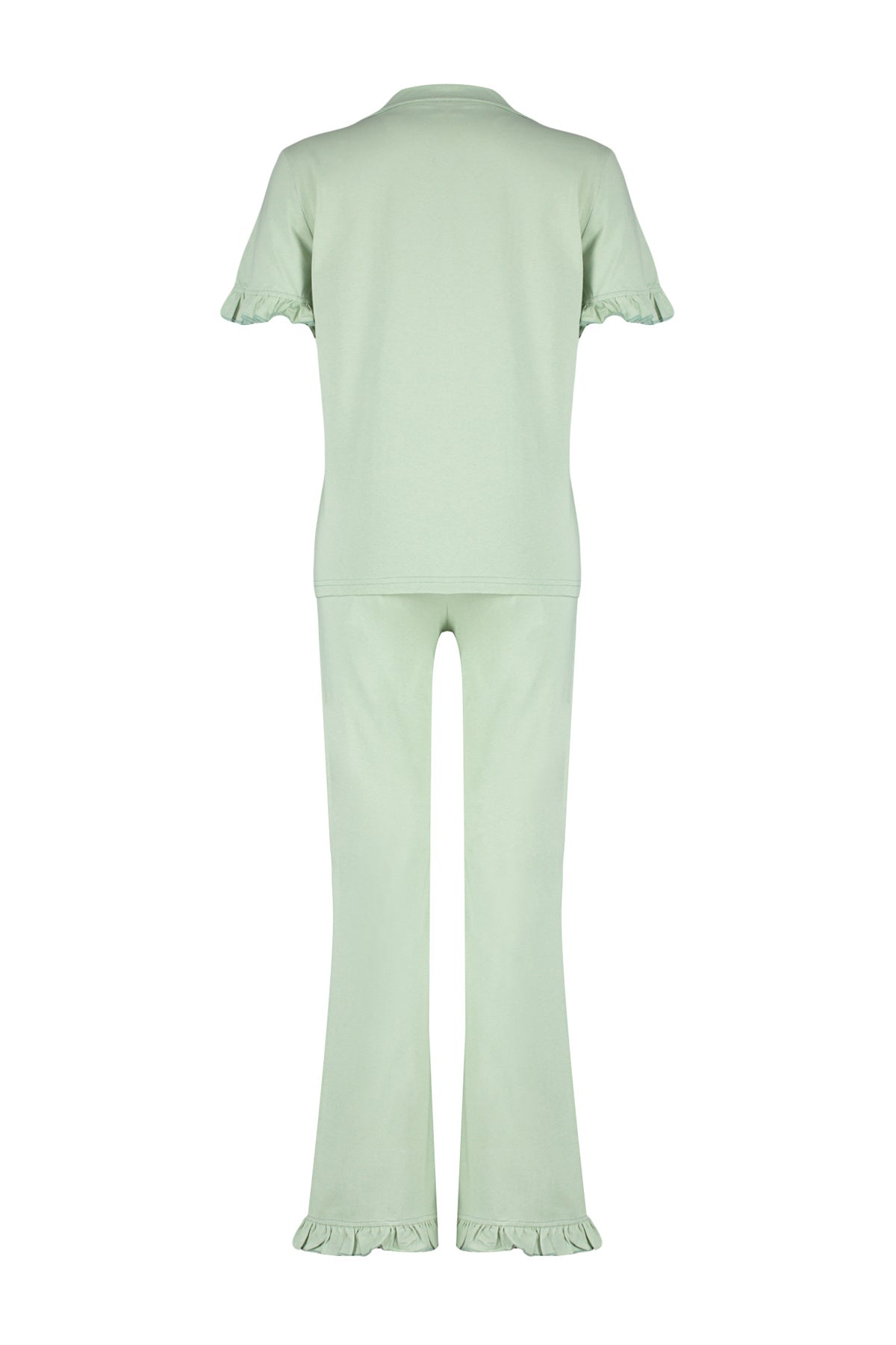 Trendyolmilla Gül Kurusu %100 Pamuklu Fırfır Detaylı Örme Pijama Takımı THMSS24PT00223