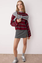 Trendyolmilla Bordo Crop Basic Geniş Kalıp Çizgili Triko Kazak TWOAW23KZ00390