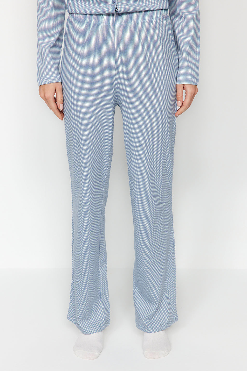 Trendyolmilla Mavi %100 Pamuklu Pötikareli Örme Pijama Takımı THMAW24PT00247