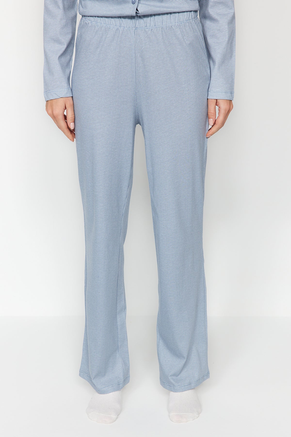 Trendyolmilla Mavi %100 Pamuklu Pötikareli Örme Pijama Takımı THMAW24PT00247