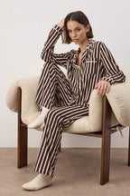 Trendyolmilla Pudra %100 Pamuklu Çizgili Biye Detaylı Örme Pijama Takımı THMAW21PT0614