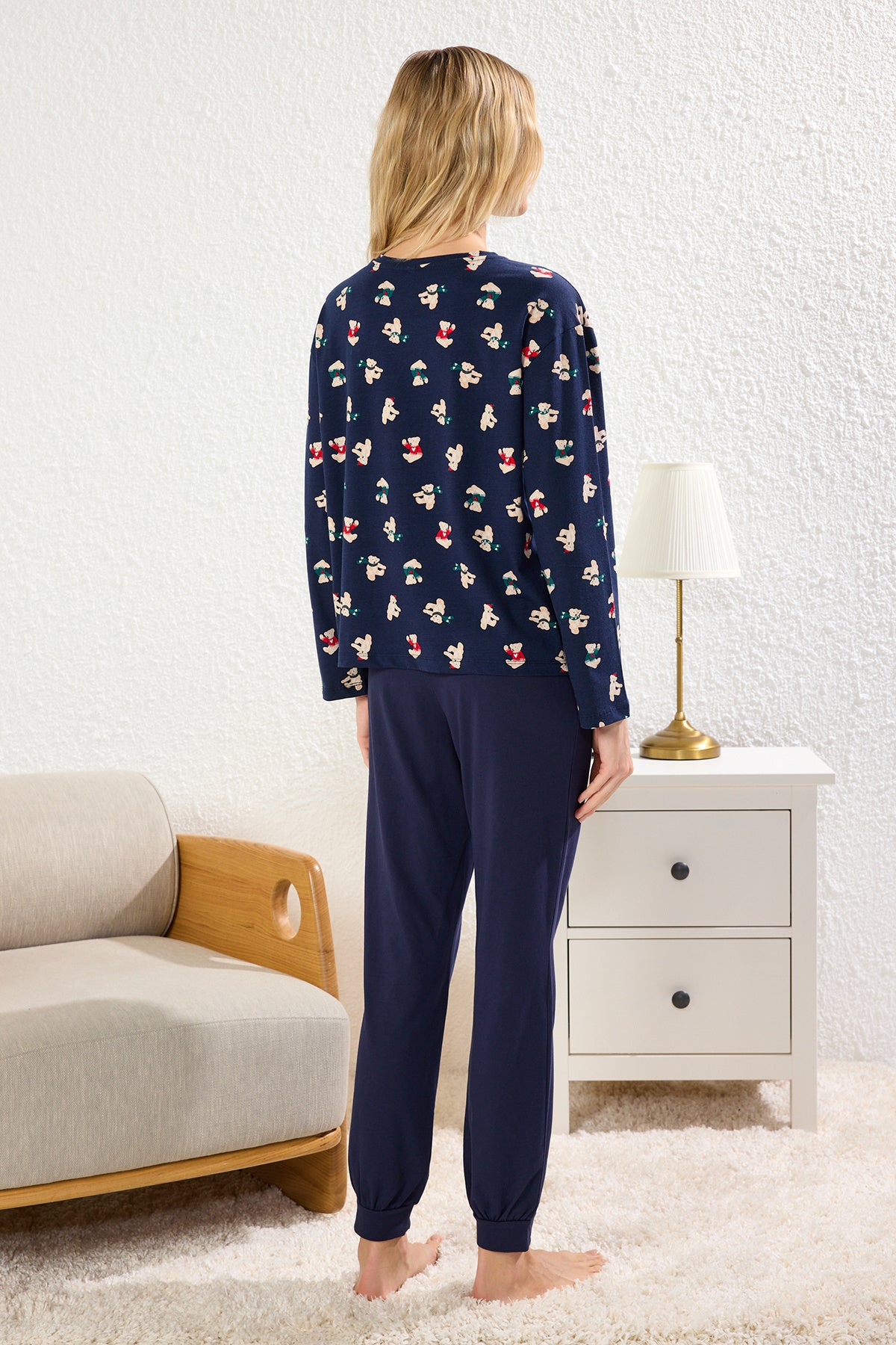 Kadın Couple/Çift Lacivert %100 Pamuklu Ayıcıklı Yılbaşı Temalı Örme Pijama Takımı THMAW25PT00243