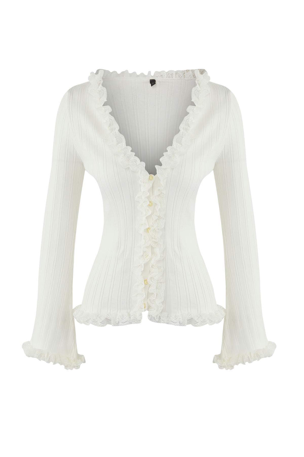 Trendyolmilla Teen Ekru V Yaka Dantel Garnili Premium/Özel İplikli Fitted/Vücuda Oturan Triko Hırka TWOAW26HI00098