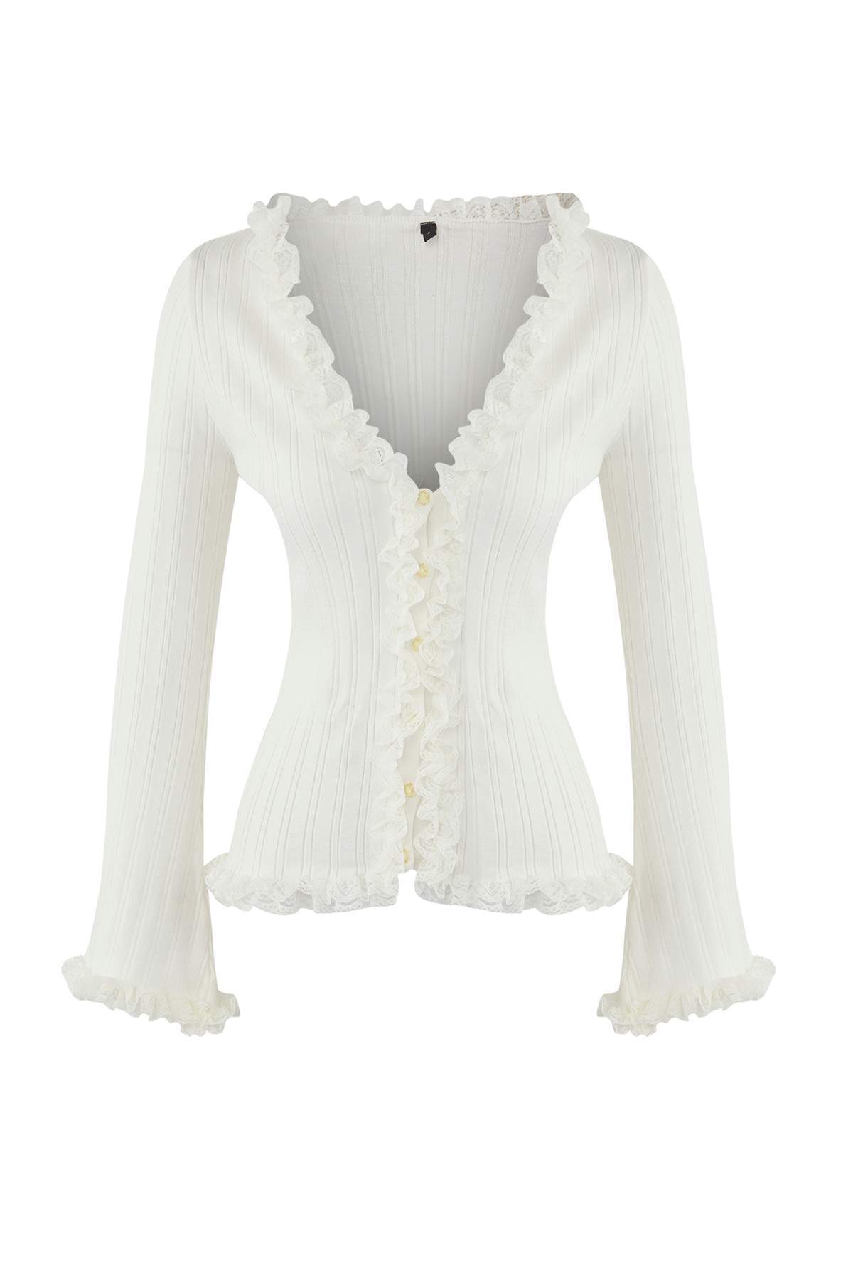 Trendyolmilla Teen Ekru V Yaka Dantel Garnili Premium/Özel İplikli Fitted/Vücuda Oturan Triko Hırka TWOAW26HI00098