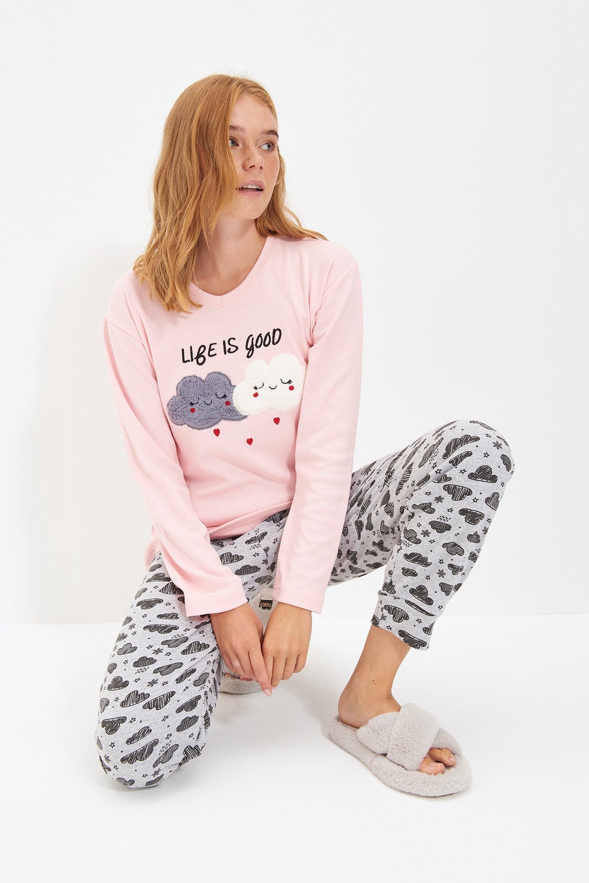 Somon Pamuklu Nakışlı Örme Pijama Takımı THMAW21PT0646 Secondary image