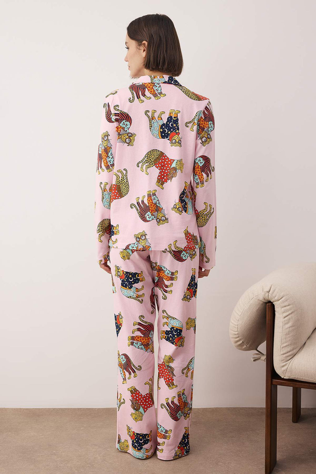 Pembe %100 Pamuklu Kaplan Baskılı Örme Pijama Takımı THMAW26PT00202