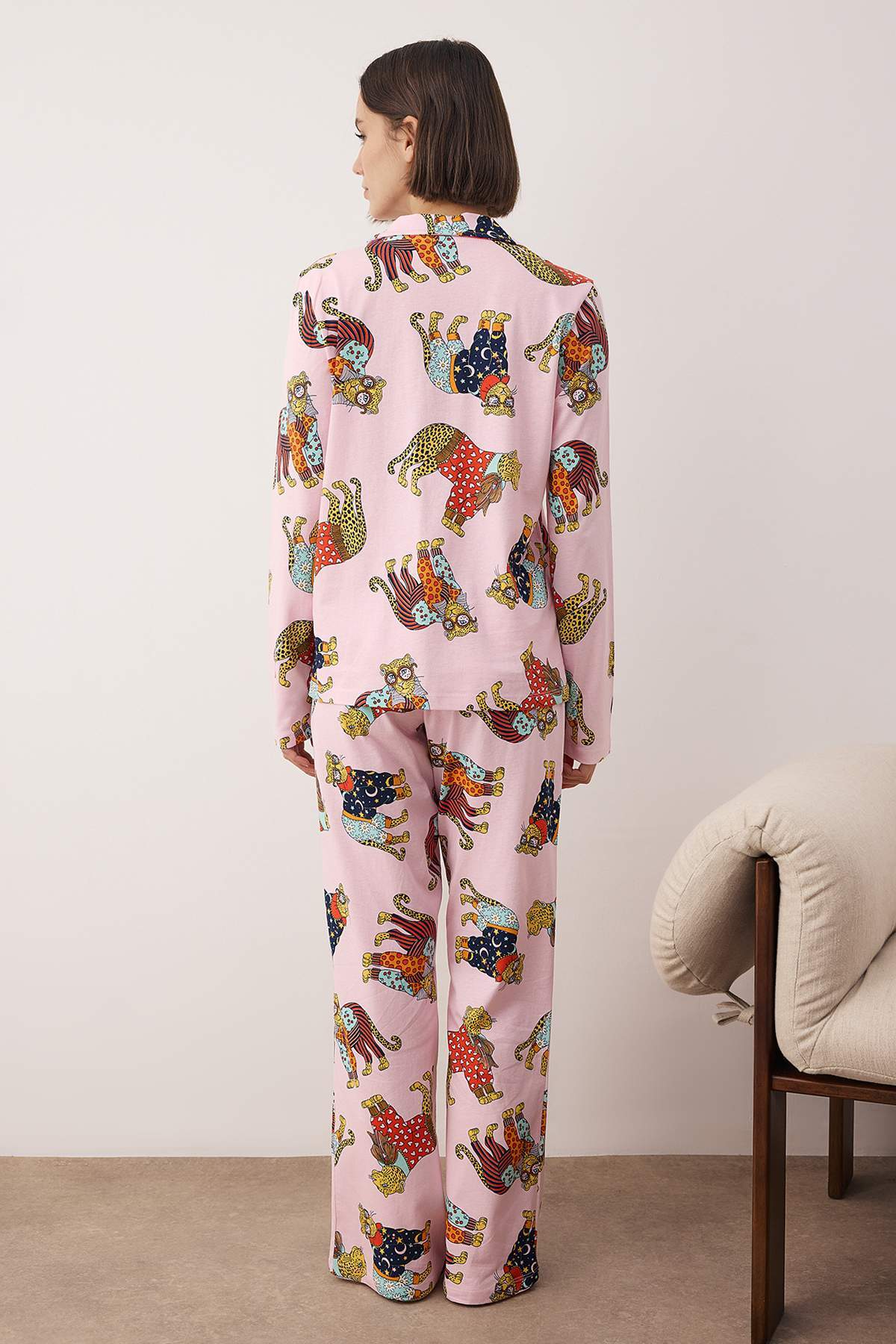 Pembe %100 Pamuklu Kaplan Baskılı Örme Pijama Takımı THMAW26PT00202