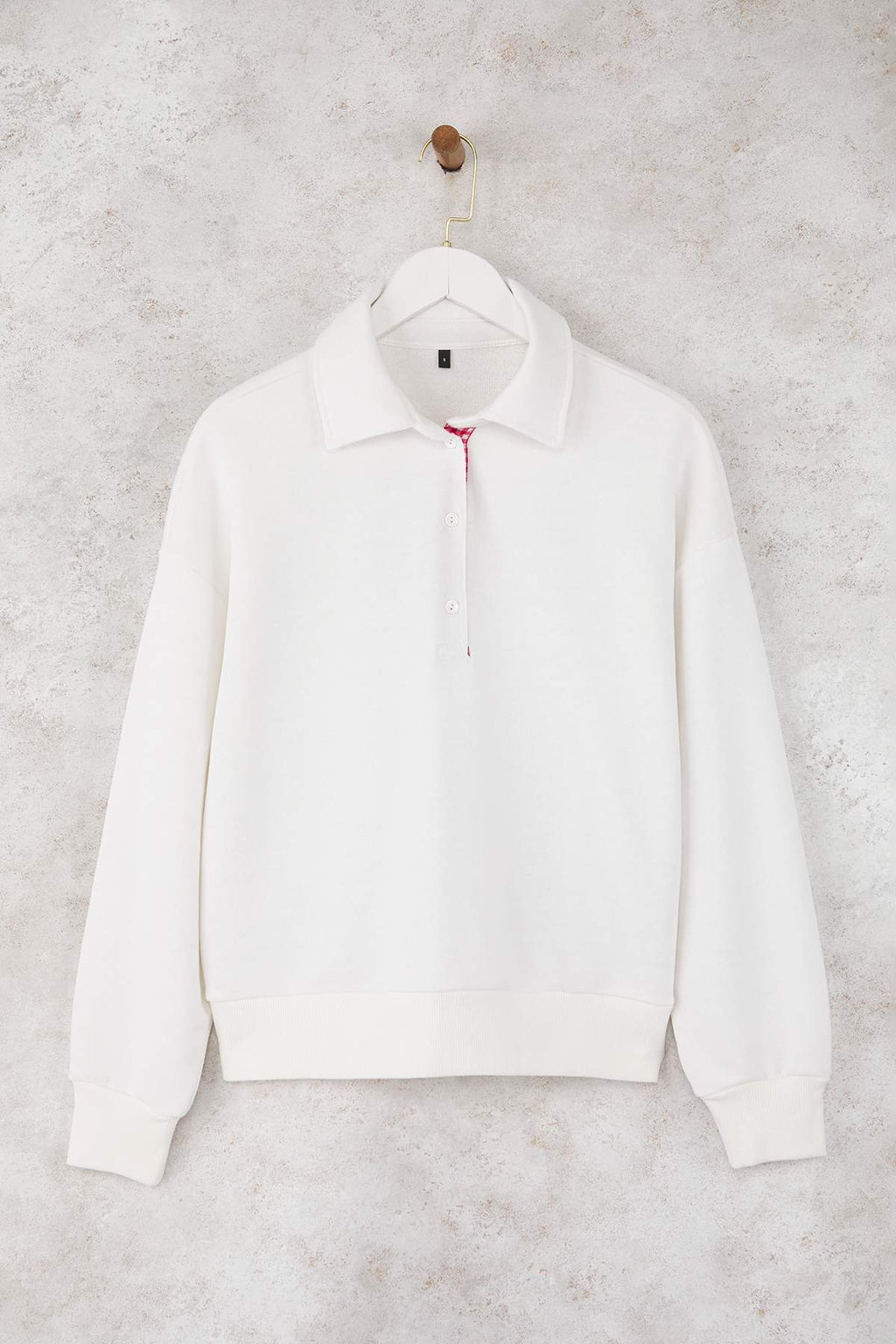 Ekru Oversize/Geniş Kalıp Patlı Polo Yaka Kalın Örme Sweatshirt TWOAW26SW00008