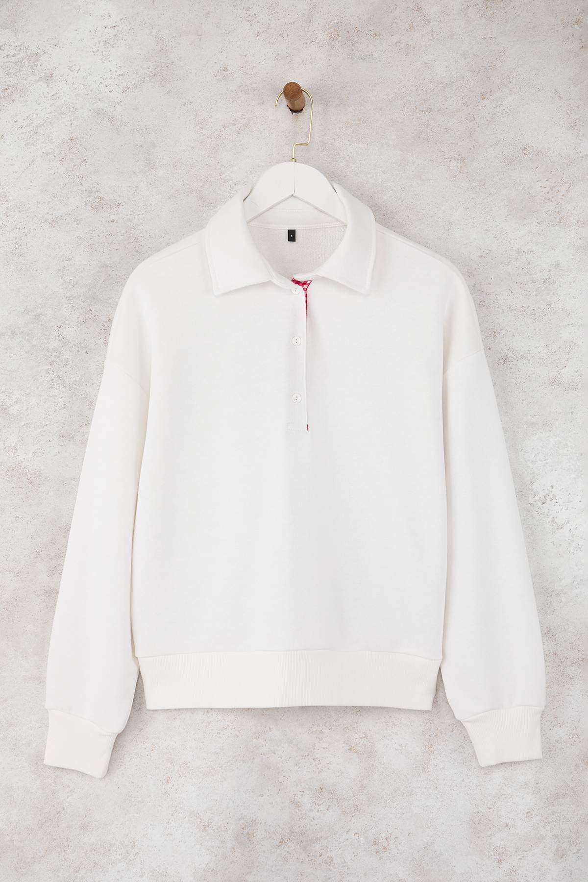 Ekru Oversize/Geniş Kalıp Patlı Polo Yaka Kalın Örme Sweatshirt TWOAW26SW00008