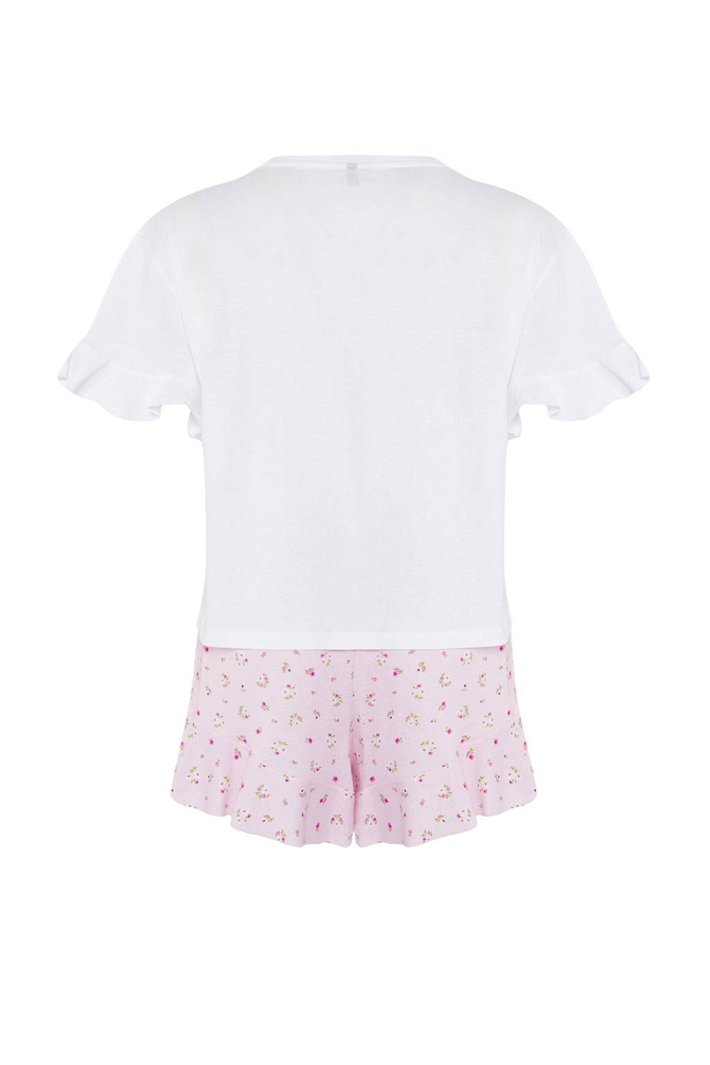 Trendyolmilla Pembe-Çok Renkli %100 Pamuklu Çiçekli ve Sloganlı Volanlı Şortlu Örme Pijama Takımı THMSS25PT00204