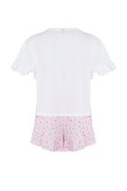Trendyolmilla Pembe-Çok Renkli %100 Pamuklu Çiçekli ve Sloganlı Volanlı Şortlu Örme Pijama Takımı THMSS25PT00204