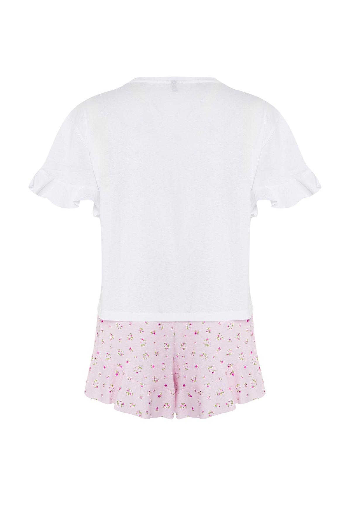 Trendyolmilla Pembe-Çok Renkli %100 Pamuklu Çiçekli ve Sloganlı Volanlı Şortlu Örme Pijama Takımı THMSS25PT00204