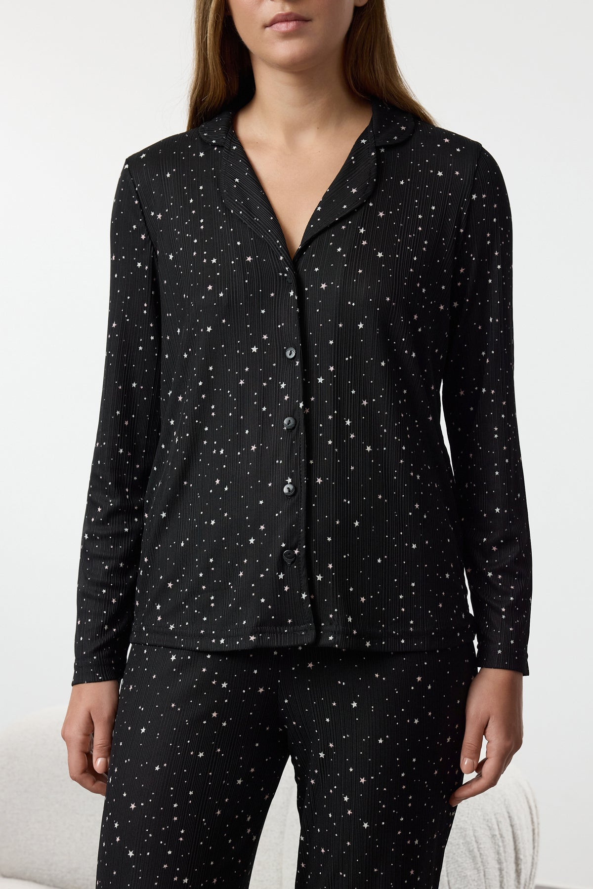 Siyah Yıldız Desenli Fitilli Örme Pijama Takımı THMAW25PT00177 Secondary image