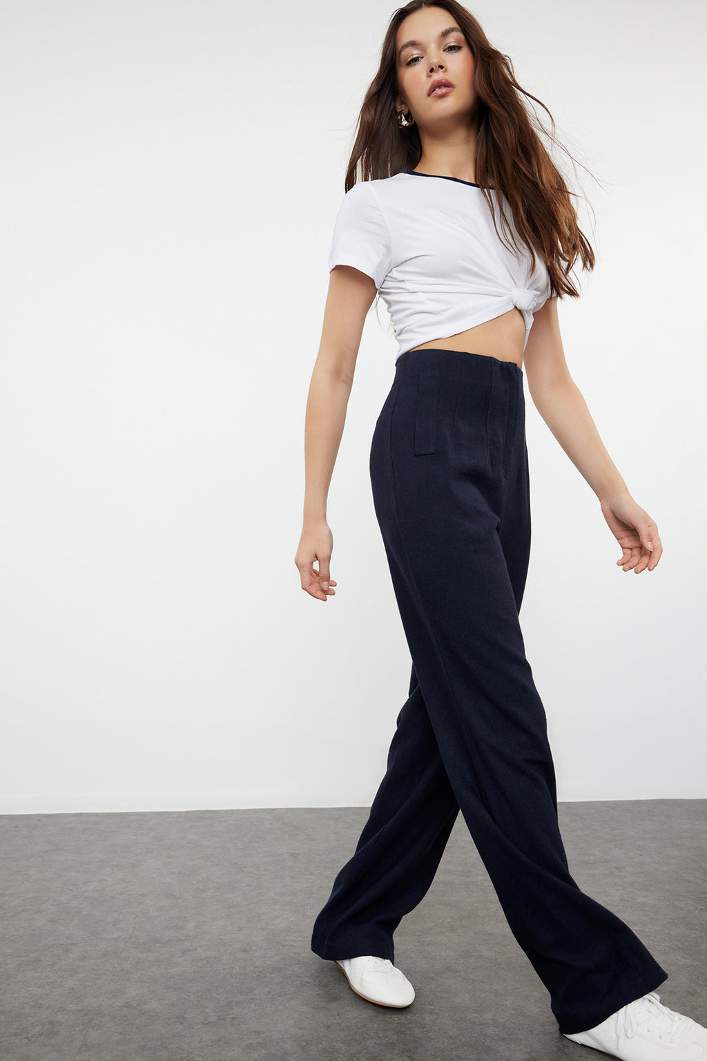 Lacivert Keten GörünümlüWide Leg/Geniş Paça Yüksek Bel Dokuma Pantolon TWOSS24PL00169