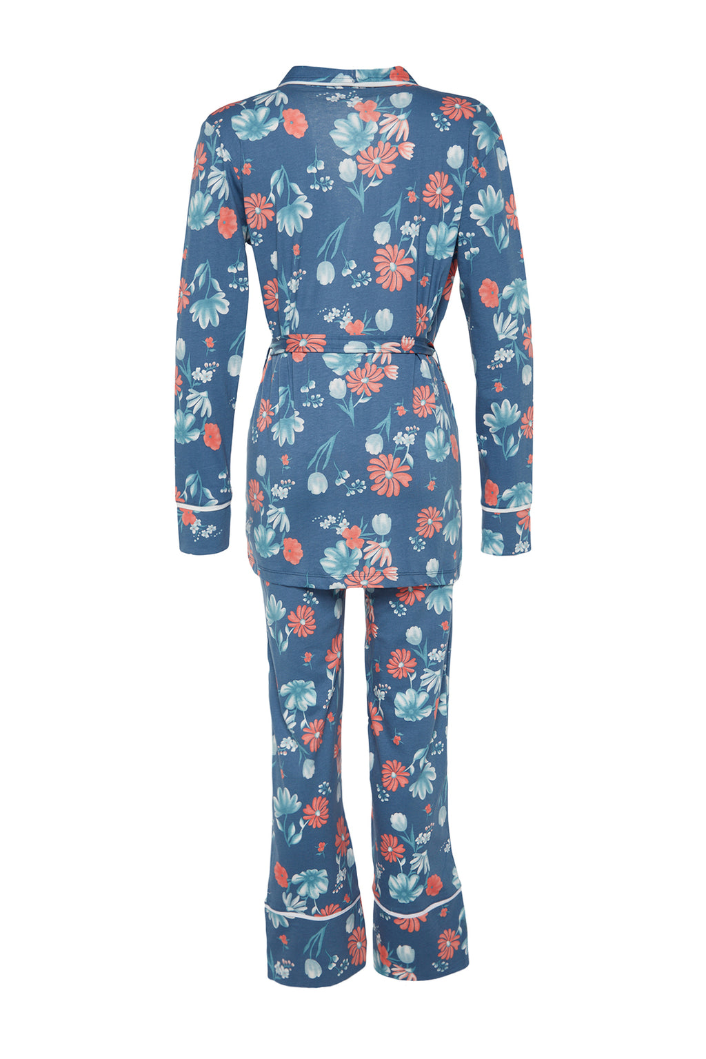 Mavi %100 Pamuklu Çiçek Desenli Kruvaze Gömlek-Pantolon Örme Pijama Takımı THMAW21PT0584