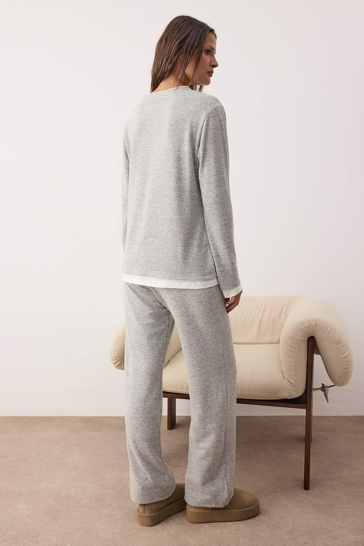 Trendyolmilla Bej Melanj Çift Katlı Kışlık Yumoş Örme Pijama Takımı THMAW26PT00154
