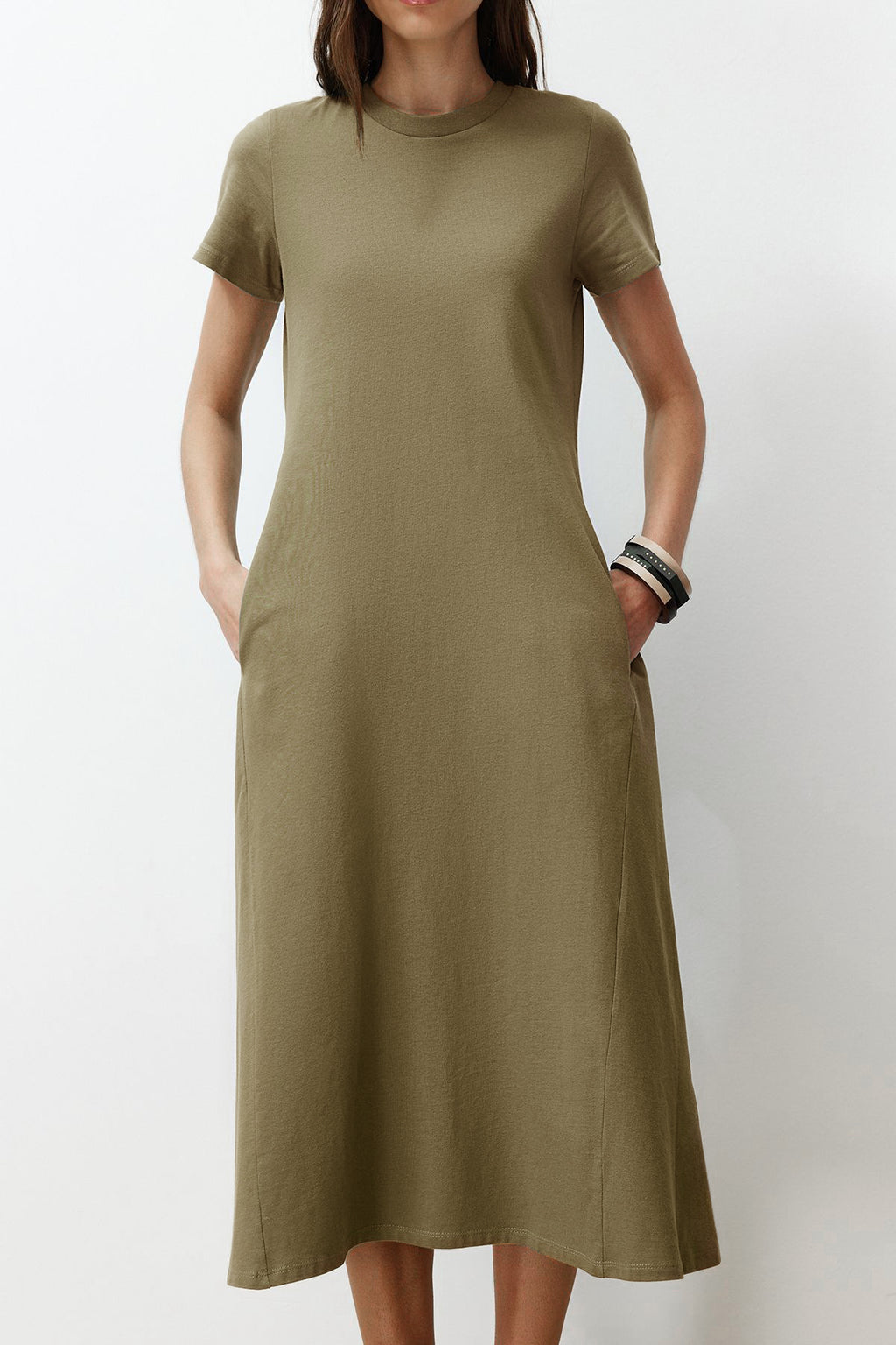 Trendyolmilla Haki Cepli Bisiklet Yaka A-Line Örme Midi Elbise TWOSS24EL00169