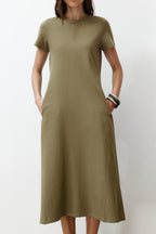 Trendyolmilla Haki Cepli Bisiklet Yaka A-Line Örme Midi Elbise TWOSS24EL00169