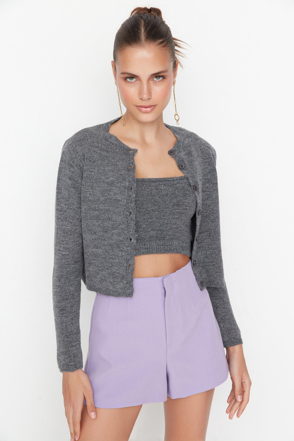 Trendyolmilla Antrasit Crop Yumuşak Dokulu 2'li Bluz-Hırka Triko Takım TWOAW21HI0107