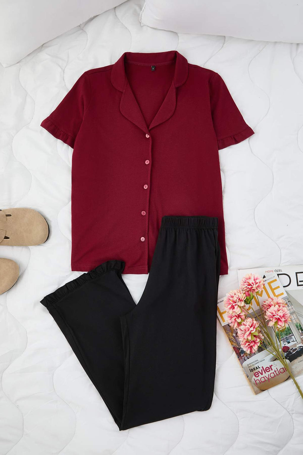 Trendyolmilla Gül Kurusu %100 Pamuklu Fırfır Detaylı Örme Pijama Takımı THMSS24PT00223