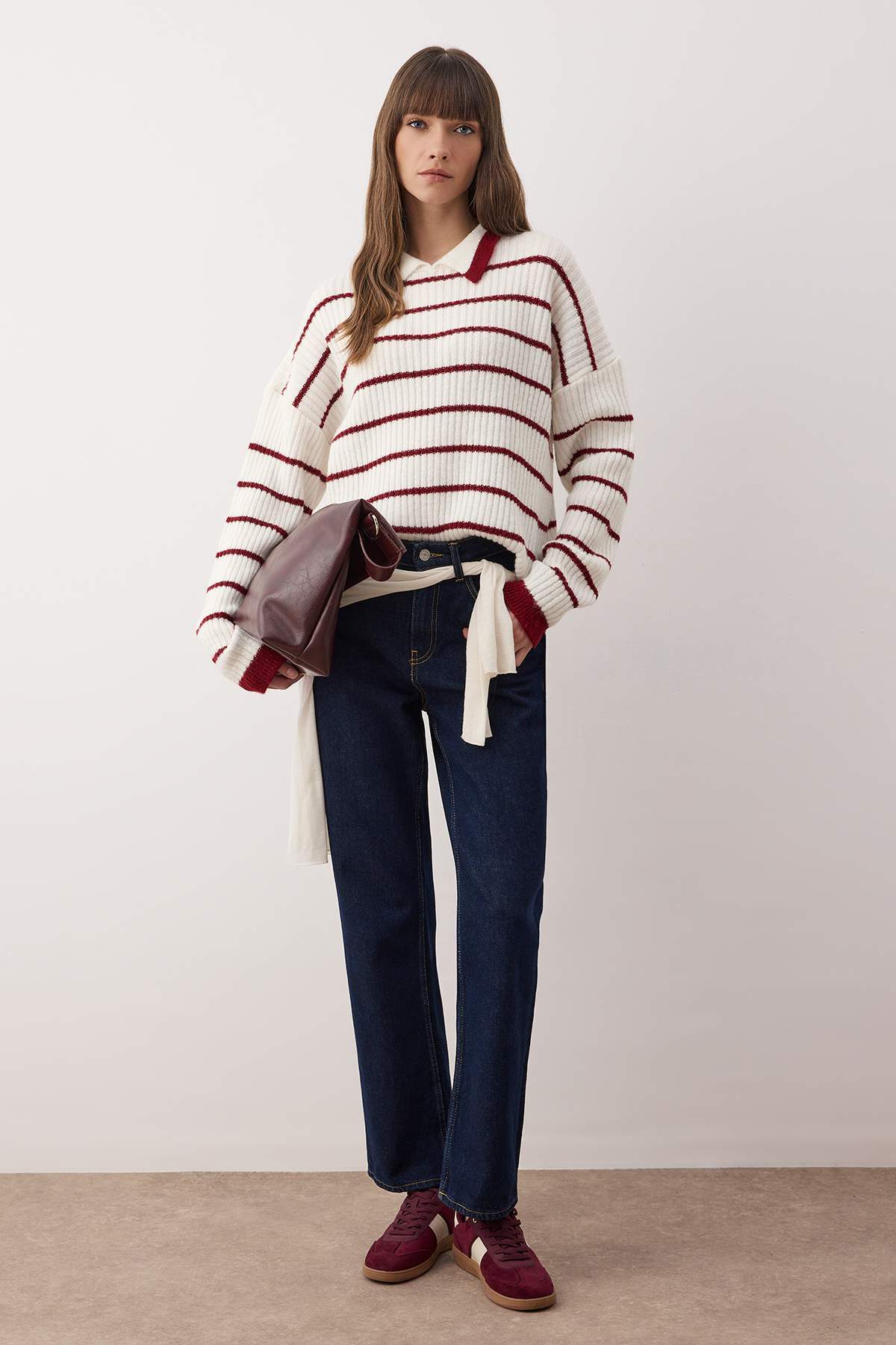 Beyaz Polo Yaka Çizgili Triko Kazak TWOAW26KZ00268 Secondary image