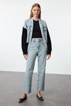 Trendyolmilla Haki Paçası Kesikli Yüksek Bel Straight Jeans TWOAW25JE00307