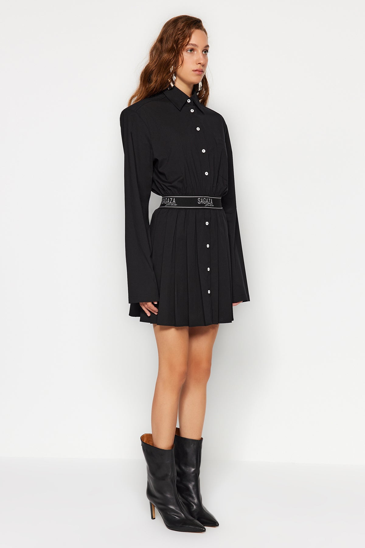X Sagaza Studio Siyah Belden Açılan/Skater Beli Lastikli Piliseli Poplin Elbise TCLAW24EL00000