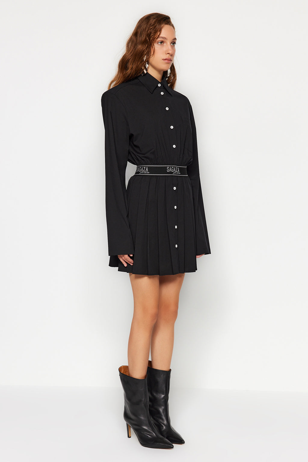 X Sagaza Studio Siyah Belden Açılan/Skater Beli Lastikli Piliseli Poplin Elbise TCLAW24EL00000
