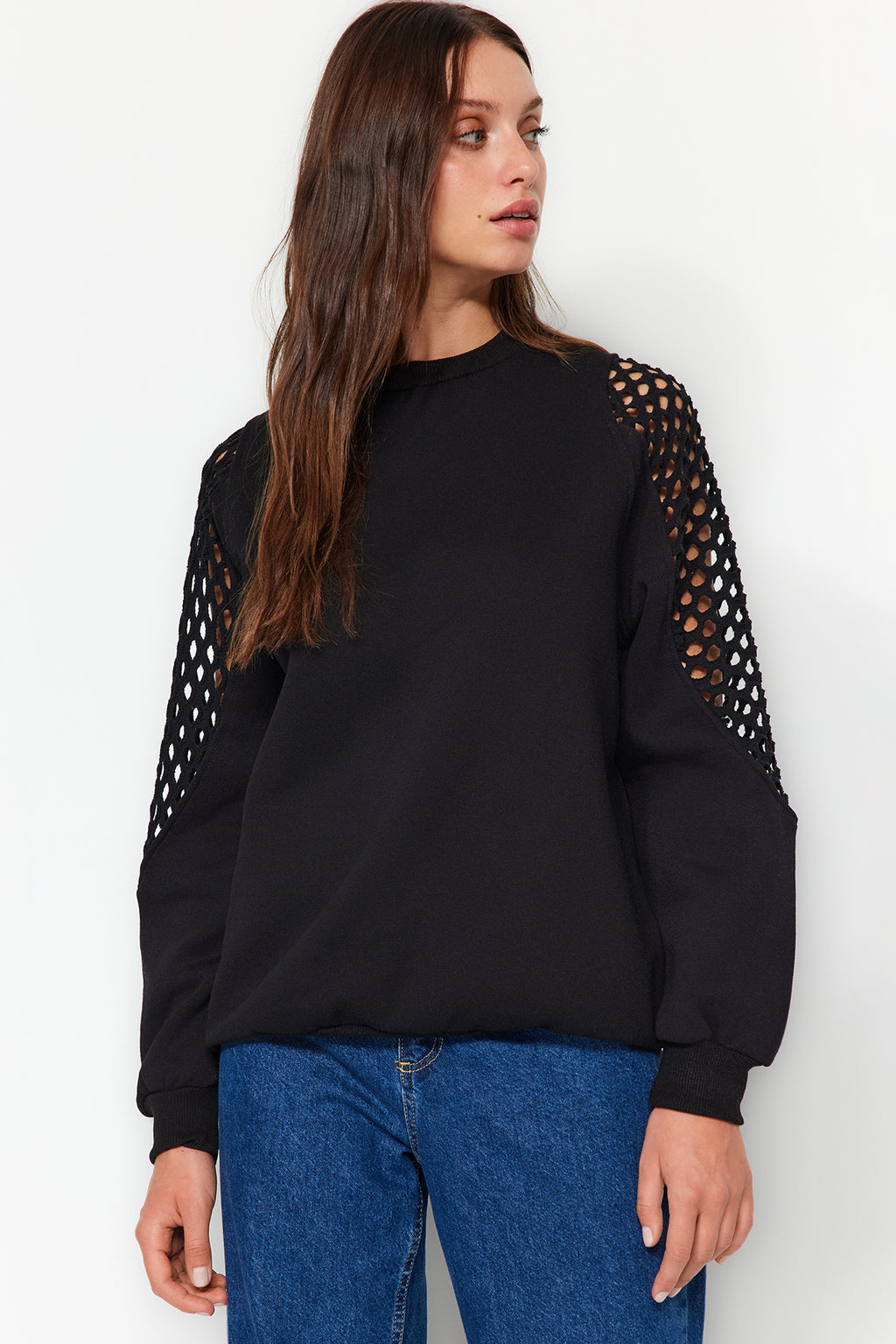 Siyah File Detaylı Kalın İçi Polarlı Regular/Normal Kalıp Örme Sweatshirt TWOAW24SW00134