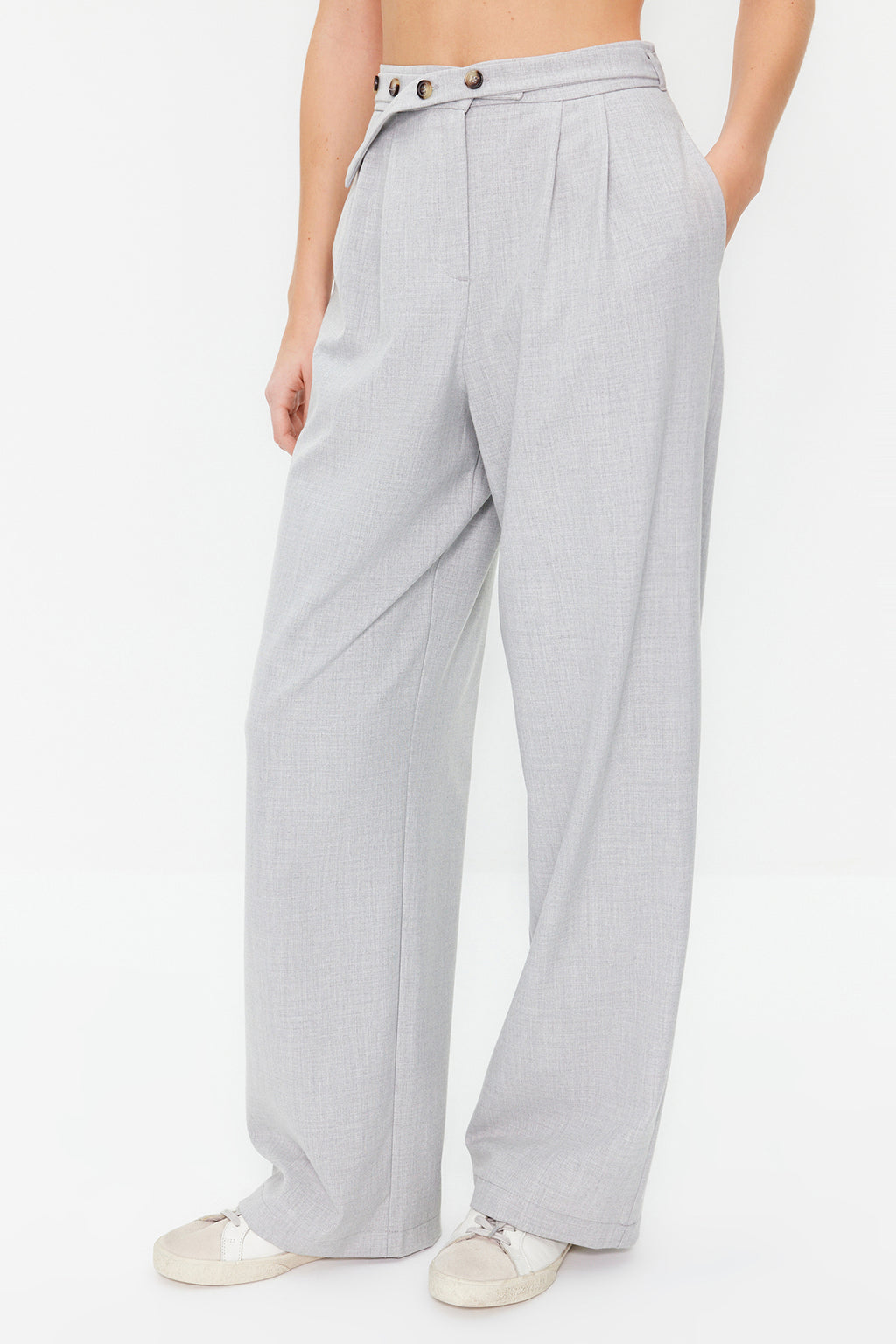 Trendyolmilla Bej Straight/Düz Kesim Kemer Detaylı Dokuma Pantolon TWOSS24PL00023