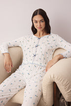 Trendyolmilla Ekru-Kahverengi %100 Pamuklu Ayıcıklı Kurdeleli Fitilli/Pointel Örme Pijama Takımı THMAW26PT00070