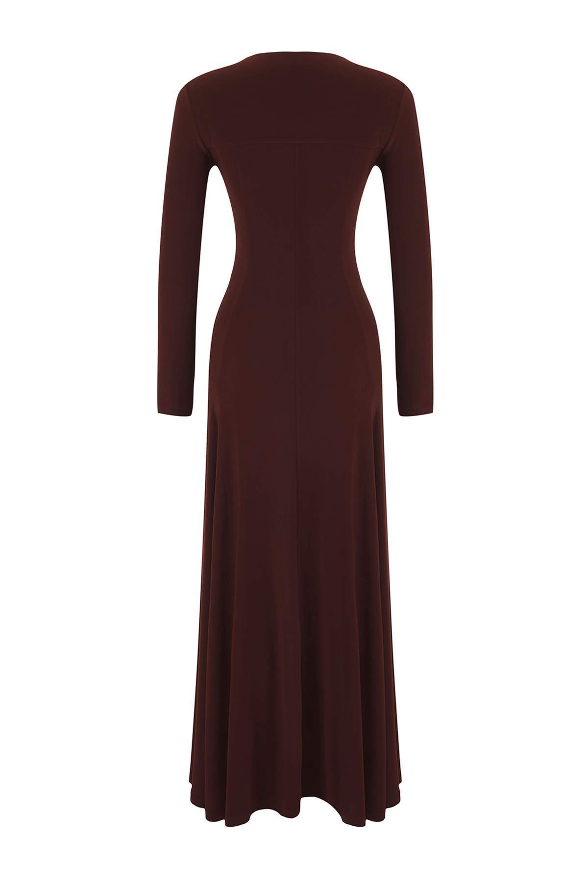 Trendyolmilla Limited Edition Kahverengi V Yaka Skater/Belden Açılan Esnek Maxi Örme Elbise TWOAW25EL00299