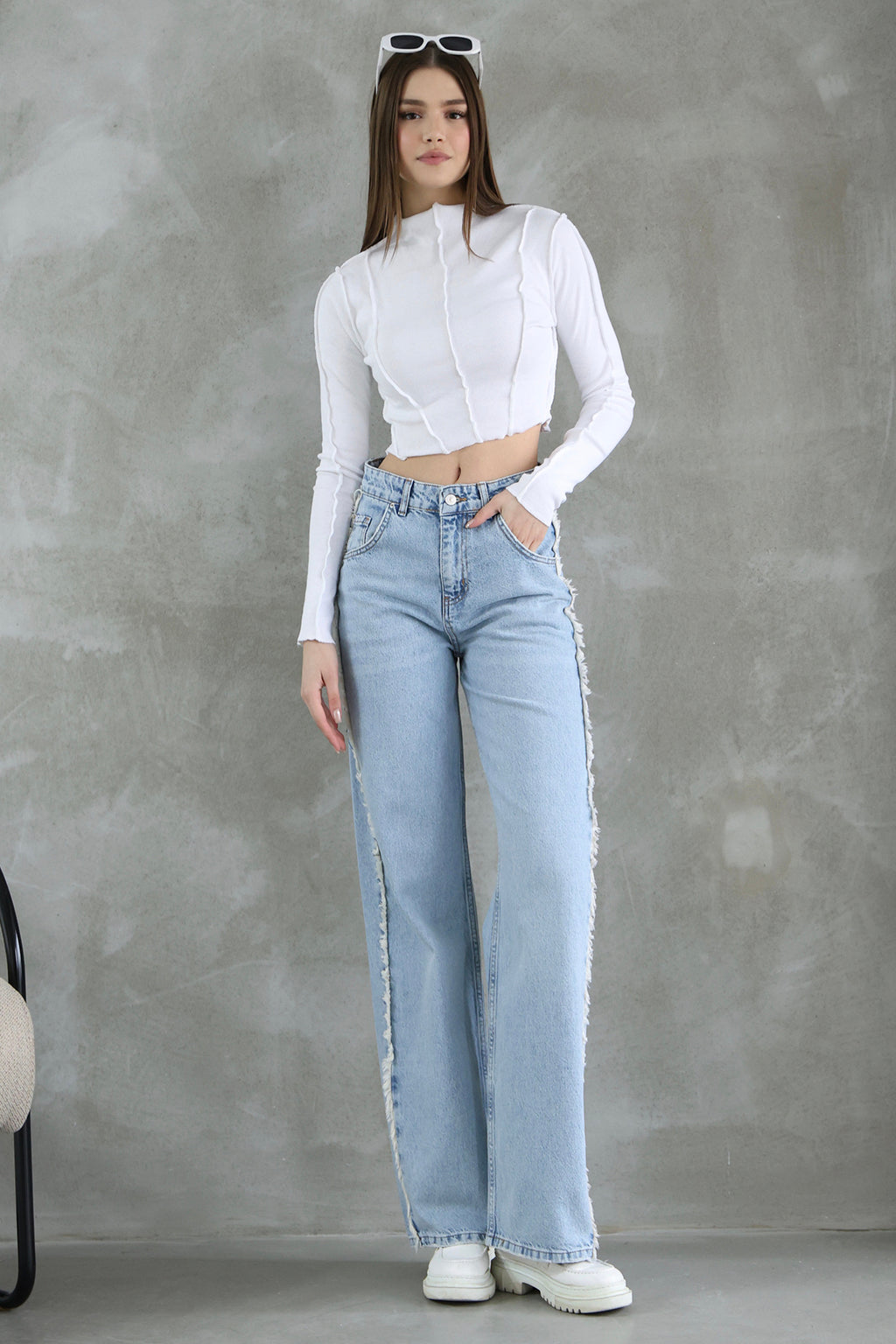 Mavi Püsküllü Yüksek Bel Düz Kesim Straight %100 Pamuk Non-Stretch Jeans TWOSS25JE00139