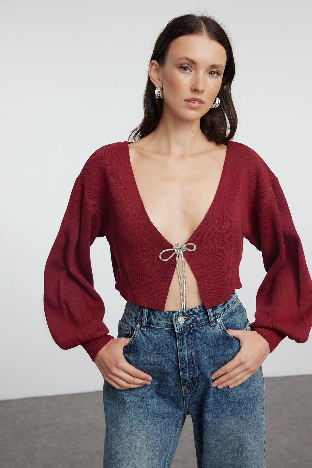Trendyolmilla Bordo Süper Crop Basic Fiyonklu Triko Hırka TWOAW24HI00315