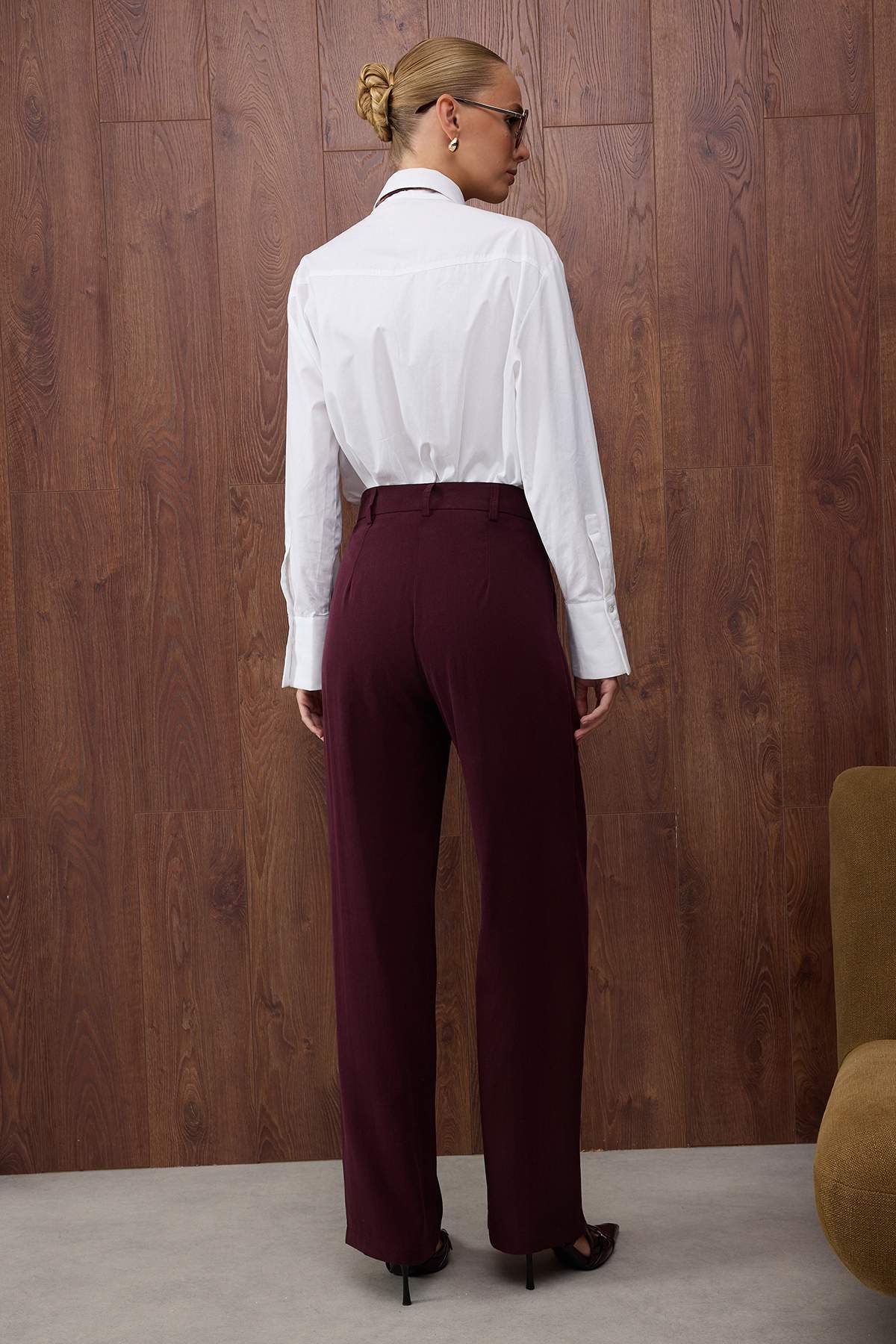 Özel Koleksiyon Mürdüm Düz Paça/Straight Dokuma Yumuşak Kumaş Pantolon TWOAW26PL00123