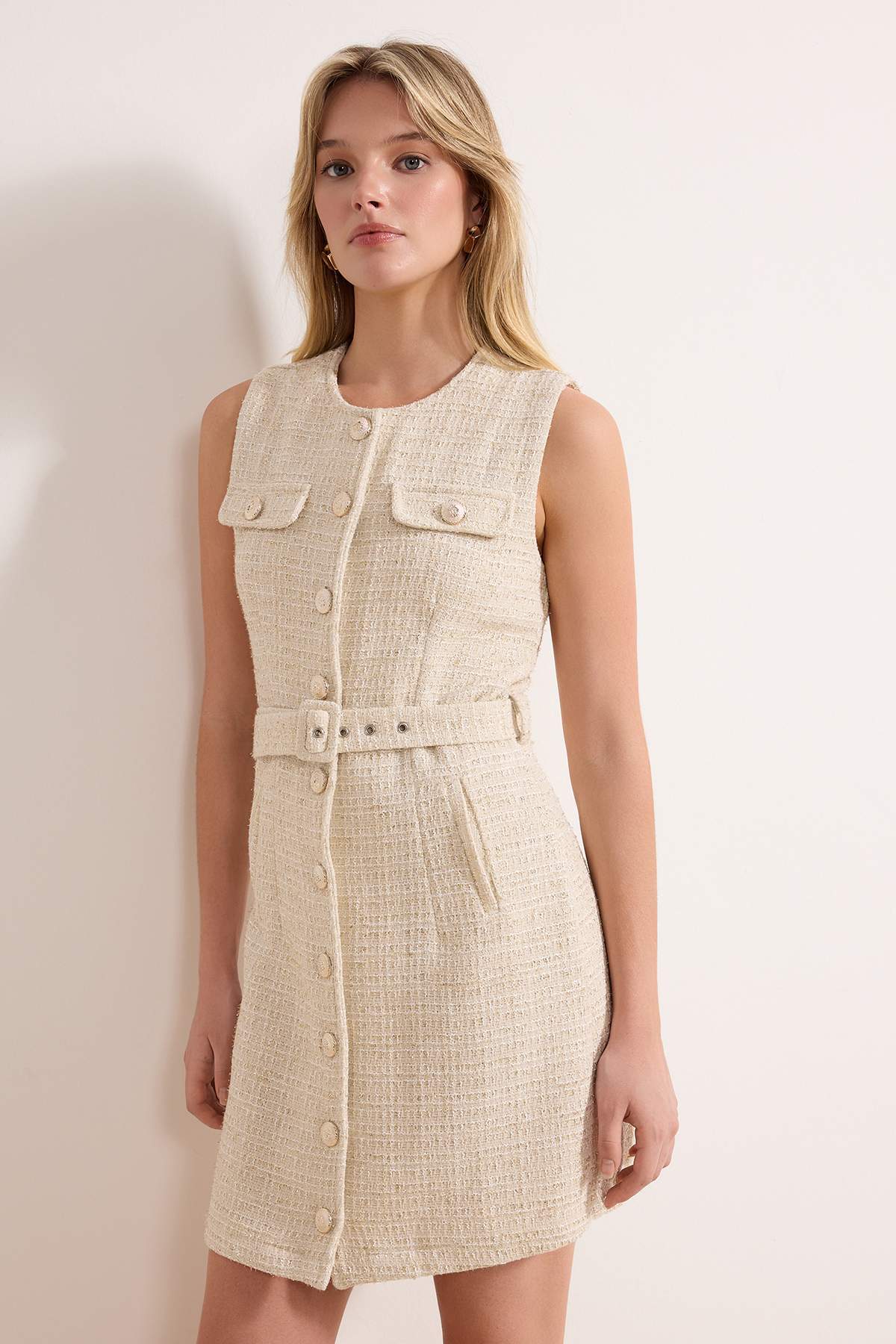 Ekru Düğmeli Kısa / Mini  Dokuma Elbise TWOAW26EL00383 Secondary image