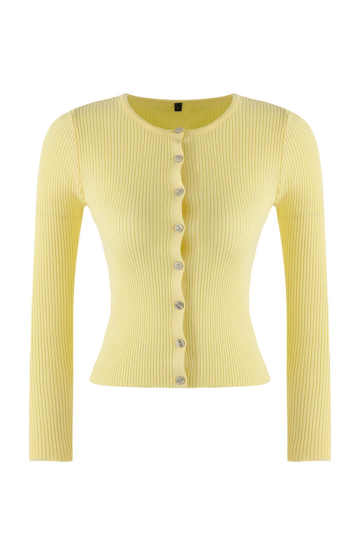 Trendyolmilla Wardrobe Essentials Sarı Merserize Görünümlü Fitilli Triko Hırka | TWOAW26HI00118