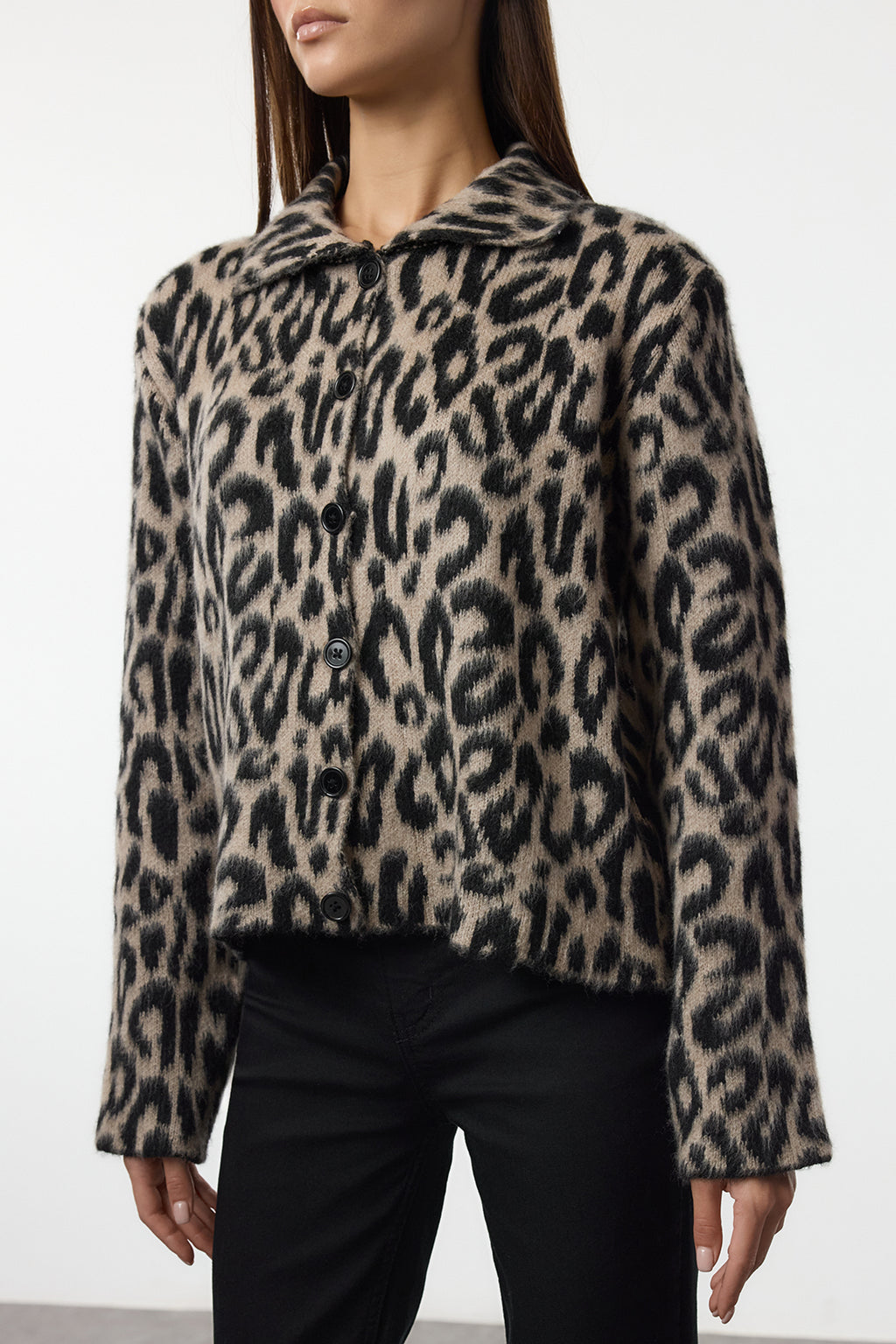 Kahverengi Leopar Desenli Polo Yaka Triko Hırka TWOAW25HI00360