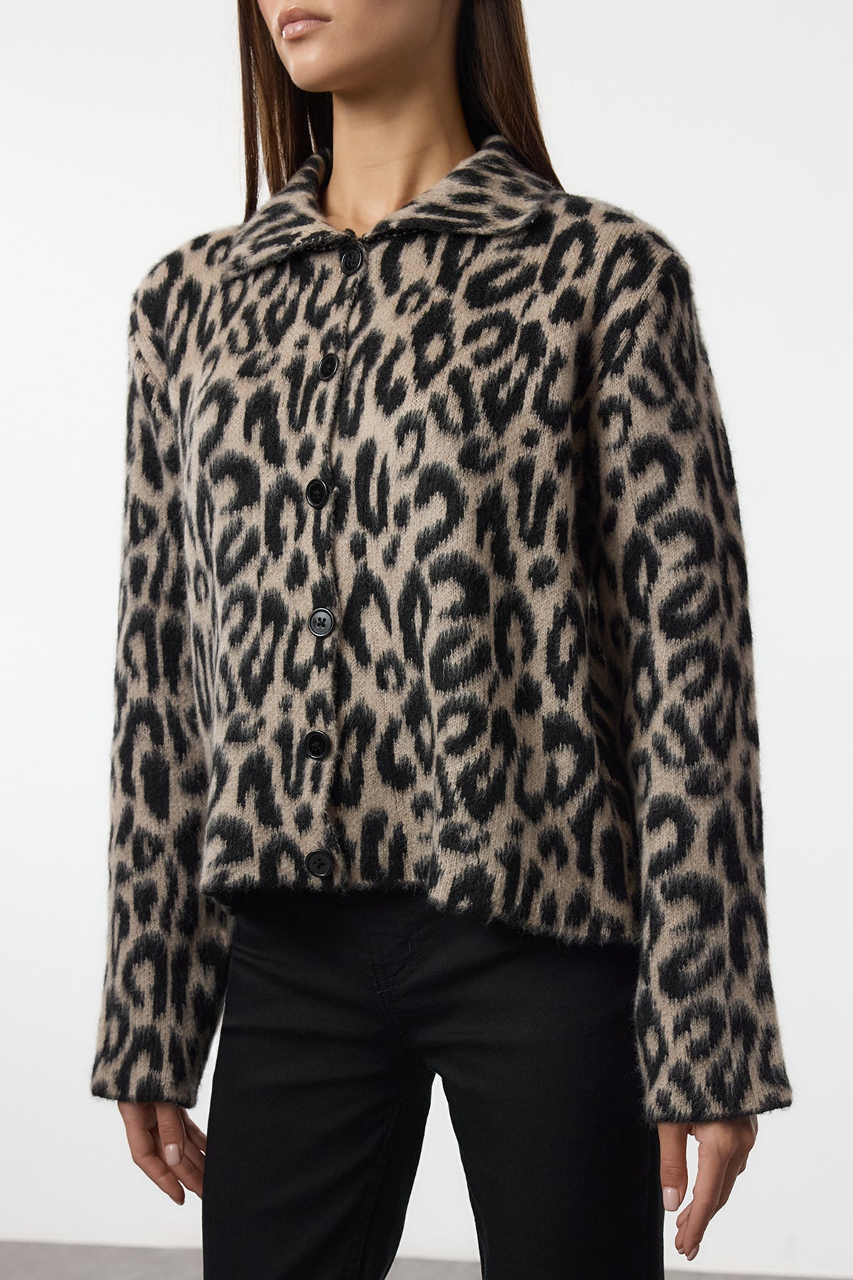 Kahverengi Leopar Desenli Polo Yaka Triko Hırka TWOAW25HI00360