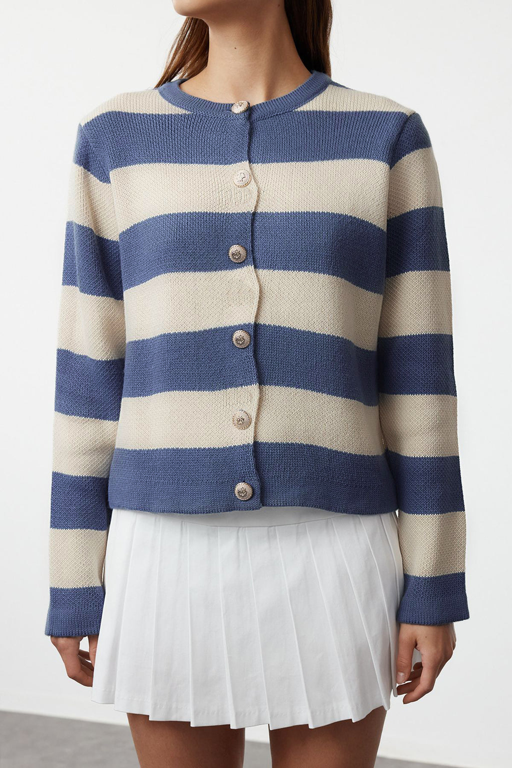 Trendyolmilla Indigo Çizgili Basic Ceket Görünümlü Triko Hırka TWOAW24HI00091