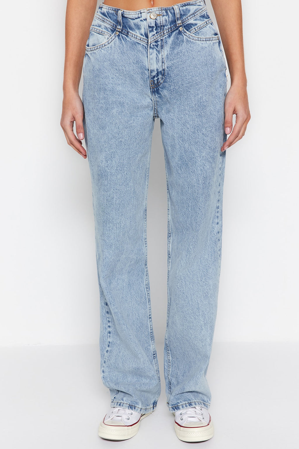 Trendyolmilla Koyu Mavi Bel Detaylı Yüksek Bel Wide Leg Jeans TWOSS21JE0385