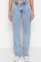Trendyolmilla Koyu Mavi Bel Detaylı Yüksek Bel Wide Leg Jeans TWOSS21JE0385