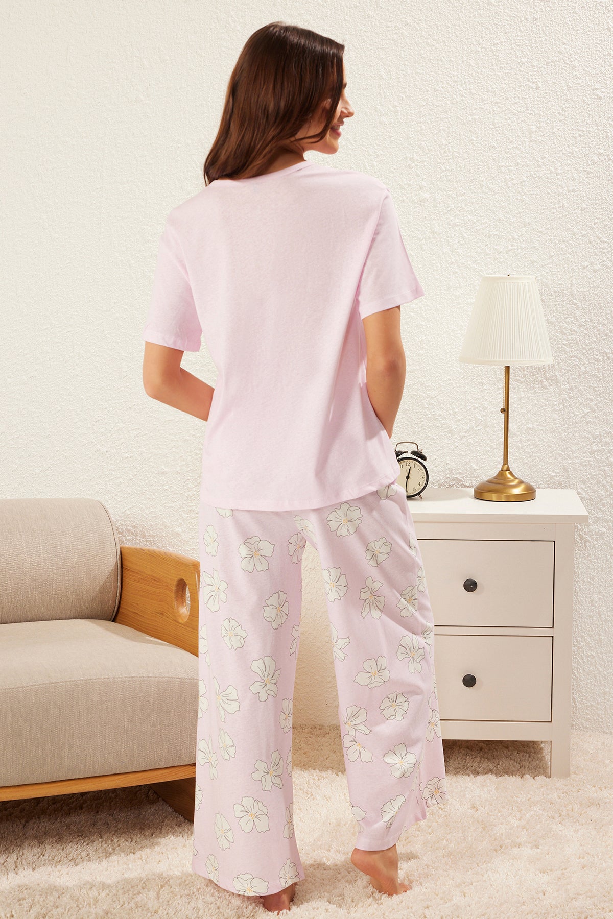 Trendyolmilla Lila %100 Pamuklu Çiçekli Düğmeli Örme Pijama Takımı THMSS25PT00179